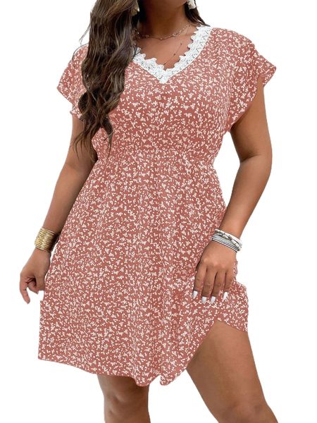 

plus ditsy floral contrast guipure lace dress b2jj#, Black