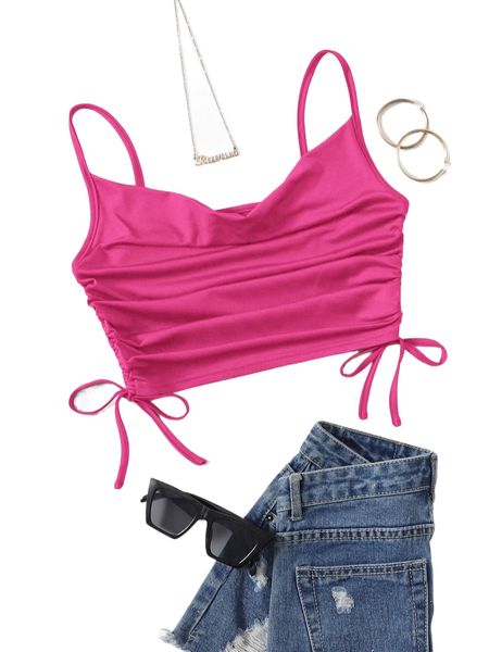 

solid drawstring side crop cami g557#, White