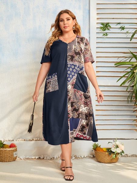 

plus floral & paisley print pocket patched dress 60xr#, Black