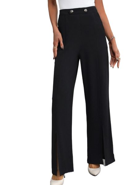 

solid split hem wide leg pants l5pk#, Black;white