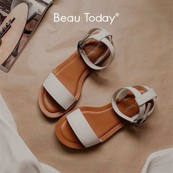 

beautoday sandal genuine cow leather wraparound ankle strap metal buckle female outdoor summer flat shoes handmade 32344 220607, Black