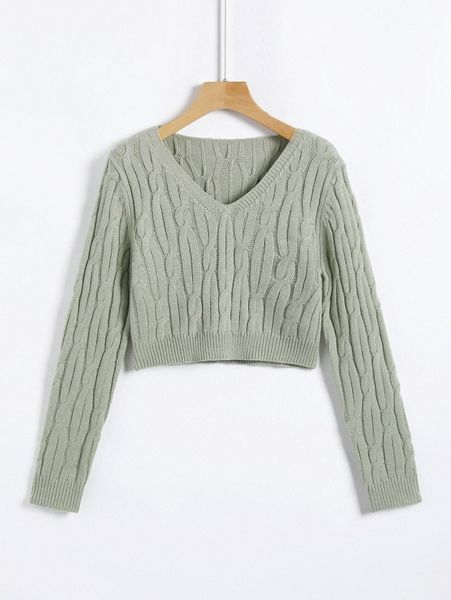

cable knit v neck crop sweater c3e0#, White;black