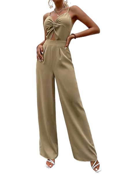 

twist front cut out tie backless cami jumpsuit c6zu#, Black;white