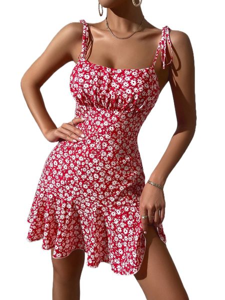 

all over floral print ruffle hem cami dress 25ai#, Black;gray