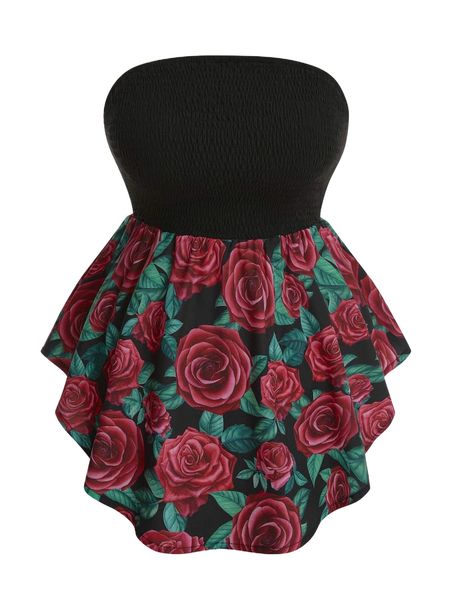 

plus floral print shirred tube h95p#, Black