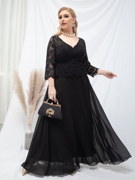 

plus contrast eyelash lace ruffle trim chiffon prom dress t3py#, Black