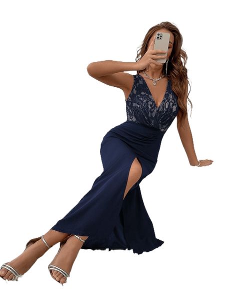 

contrast lace overlap collar slit thigh dress e5sw#, Black;gray