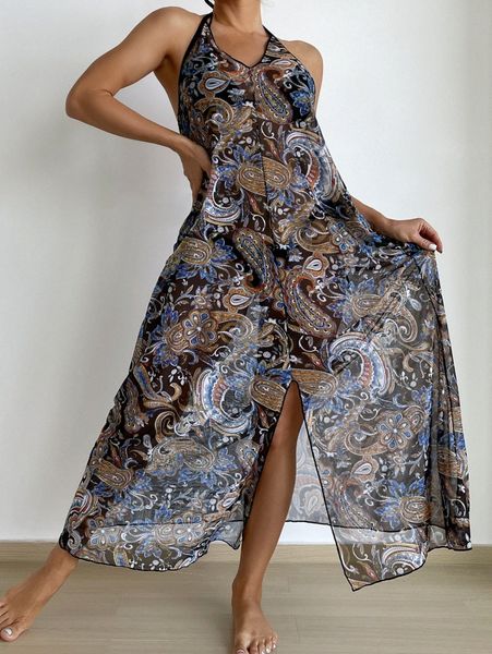 

paisley slit halter cover up 14oo#, White;black
