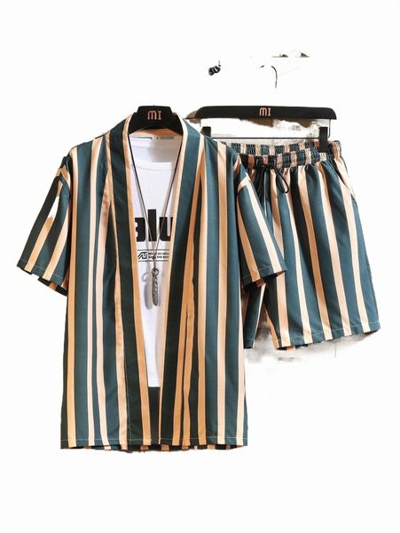 

men block striped kimono & drawstring waist shorts without tee m45a#, Gray
