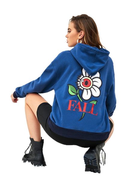 

x gincko floral print drawstring hoodie 112a#, Black