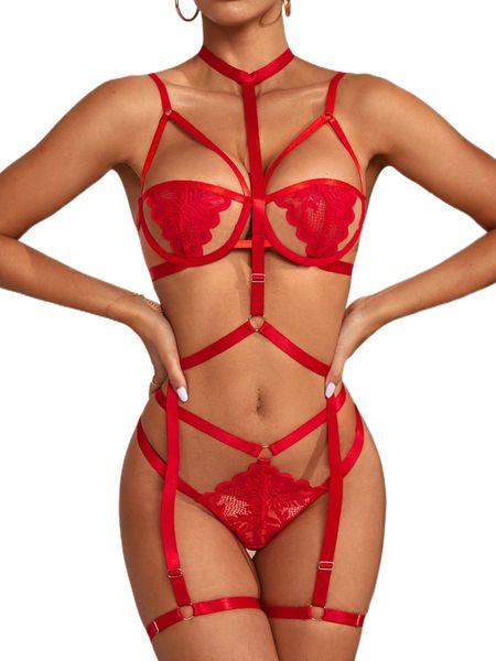 

3pack floral lace cut-out underwire lingerie set l6o9#, Black;red