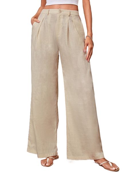 

high waist plicated detail wide leg pants w825#, Black;white