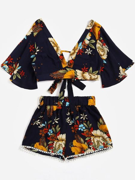 

floral drawstring ruched & smocked shorts set d48t#, White