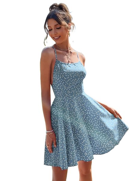 

confetti heart print crisscross tie backless cami dress 5122#, Black;gray