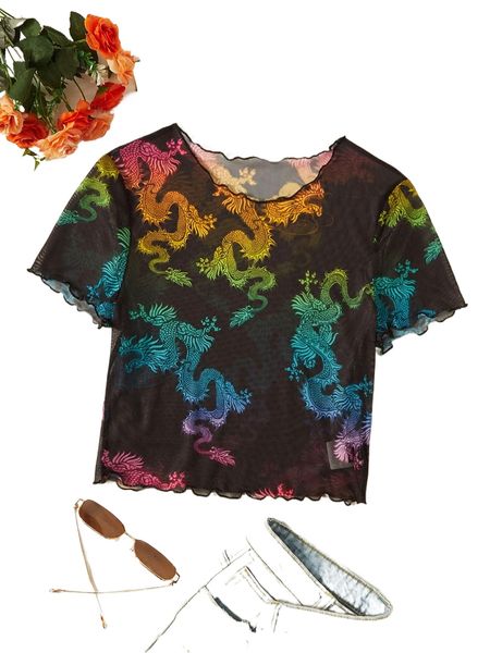 

chinese dragon print lettuce trim mesh n1pj#, White