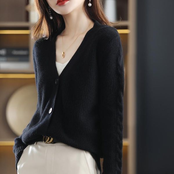 

women's knits & tees casual loose ladies v neck pure wool sweater long sleeve knit cashmere cardigan solid color jacket winterwomen&#03, White