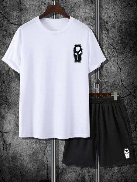 

men floral print tee & shorts 48n5#, Gray