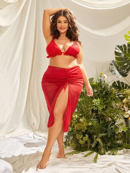 

plus frill trim triangle bikini swimsuit with beach skirt x3al#, White;black