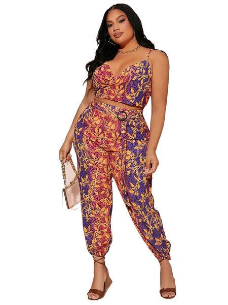 

sxy plus chain & plant print shirred cami & strap detail pants m2iw#, Black