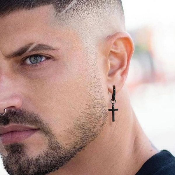

Cross Earrings Mens Huggie Hoop Stainless Steel Polishing Simple Crystal Inlay Original Design Daily Without Piercing
