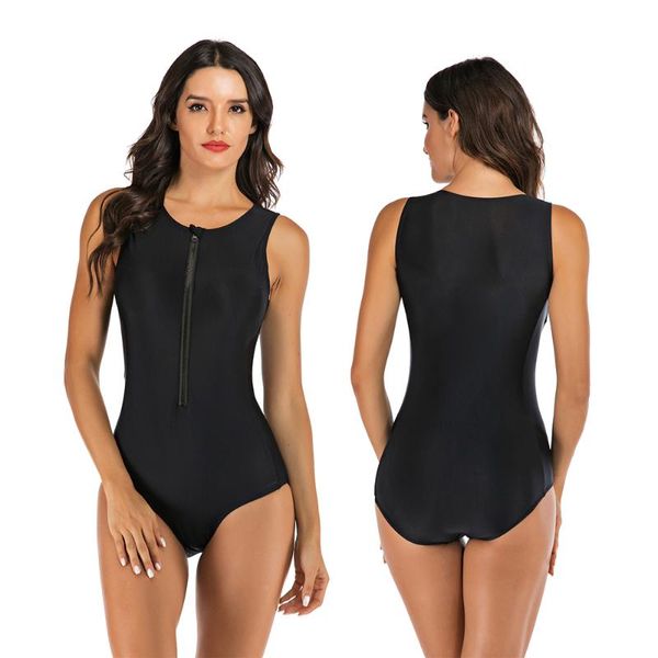 Moda de banho feminina Moda feminina sem mangas Rash Guard Front Front Zipper One Piece Swimsuit Pure preto Protetor solar Quick Dry Beach Swimming Sur