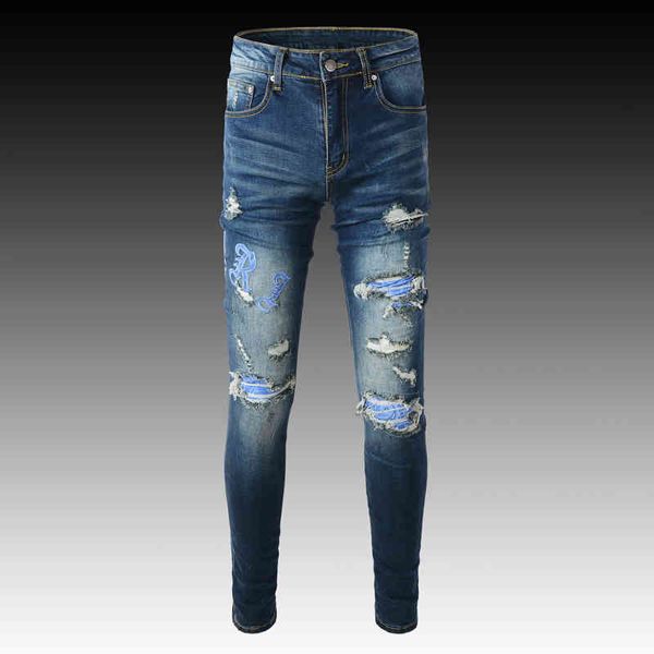 

men's jeans fashion embroidery high-end letters personalized hole patch slim fit feet youth trend jeans men 6hhp, Blue