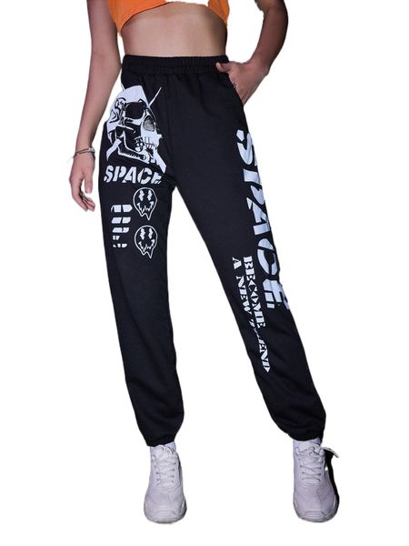 

romwe skull & letter graphic sweatpants 02at#, Black;white