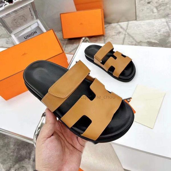 

women slides shoes designer slippers real leather suede hook flat heel beach slipper h summer flip flops for women with box, Black