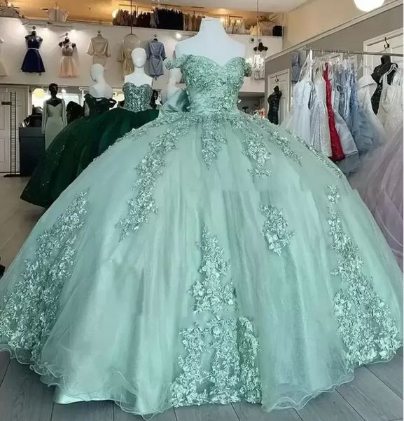 Salbeigrün, schulterfreies Quinceanera-Kleid, Ballkleid, Blumenapplikationen, Spitze, Schleife am Rücken, Korsett für süße 15 Mädchen, Party, Abschlussball, BC14216 0805