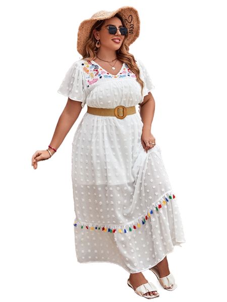 

plus tassel trim floral embroidery swiss dot dress without belt l3o7#, Black