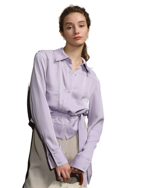 

drop shoulder pocket patched belted shirt r24b#, White