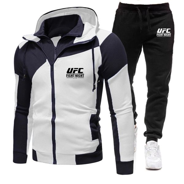 

fashion sportswear zipper hoodie casual sports men s mma hooded 2 piece sweatshirt sweatpants 220615, White;black