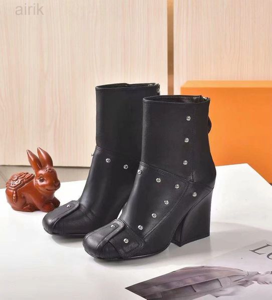 

2023rivet martin boots woman cowhide zipper metal buckle designer ankle boot leather lady high heels fashion autumn winter thick heel women, Black