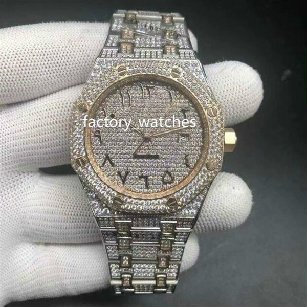 

arabic numbers diamonds watch shiny case 42mm automatic two tone silver rose gold stainless steel glass back mens wristwatch325j, Slivery;brown