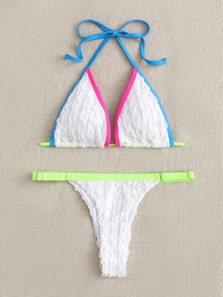 

binding trim halter triangle bikini swimsuit 613a#, White;black