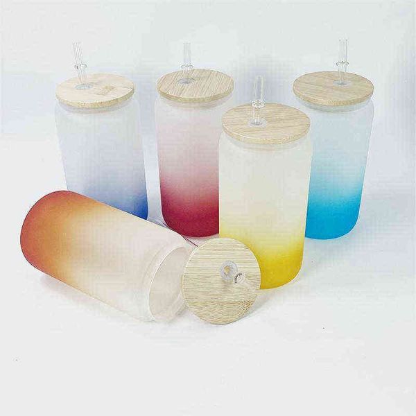 

16oz sublimation gradient glass tumbler blank frosted glasses bottle mason jar cola can tumblers with bamboo lid 5 colors 0331