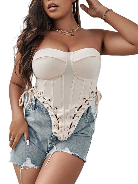 

plus lace up front asymmetrical hem bustier tube 95zw#, Black