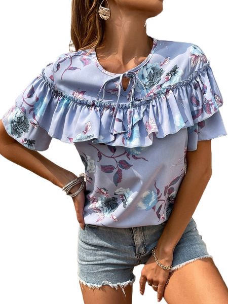 

floral ruffle trim tie neck blouse l2cv#, White