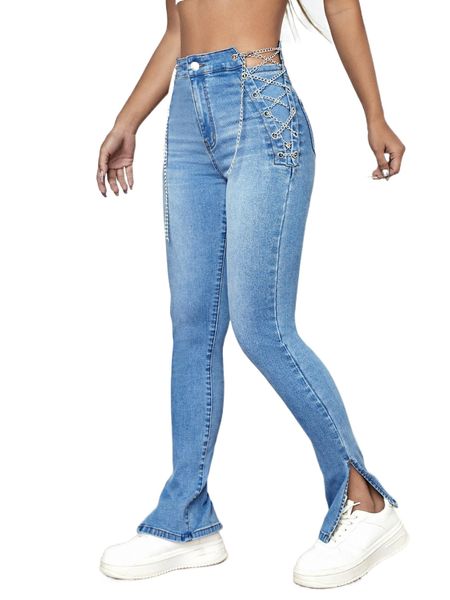 

chain lace up waist split hem jeans h5ef#, Blue