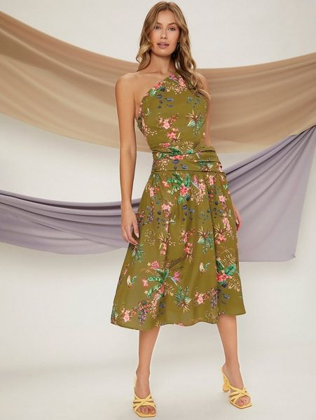 

tropical print cut out side one shoulder dress i3yd#, Black;gray