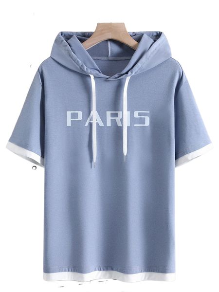 

men letter graphic contrast trim drawstring hooded tee 24hx#, White;black