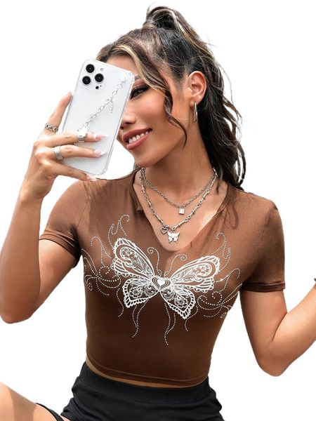 

butterfly pattern rhinestone detail notched neck crop tee k0mh#, White