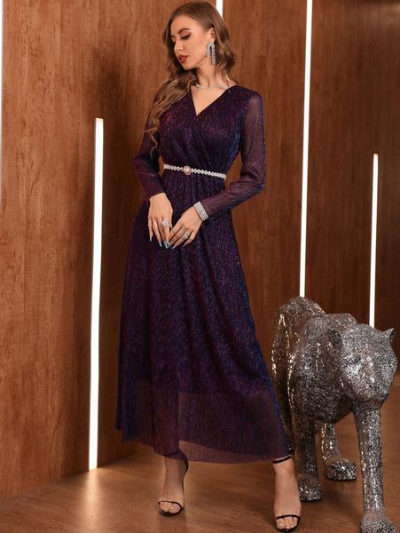 

surplice neck belted glitter dress i5iz#, Black;gray