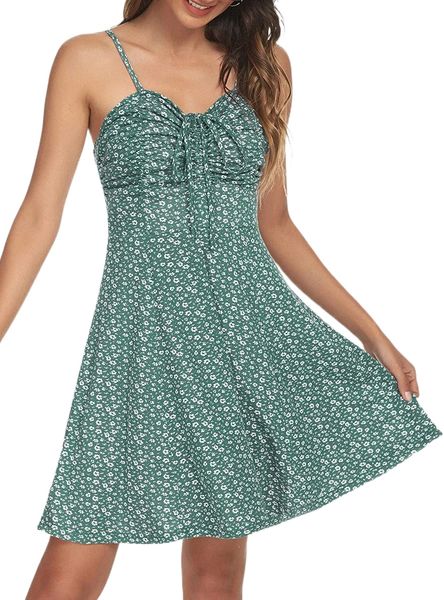 

spaghetti strap floral mini dress women's casual ruched front drawstring swing sundress j72r#, Black;gray