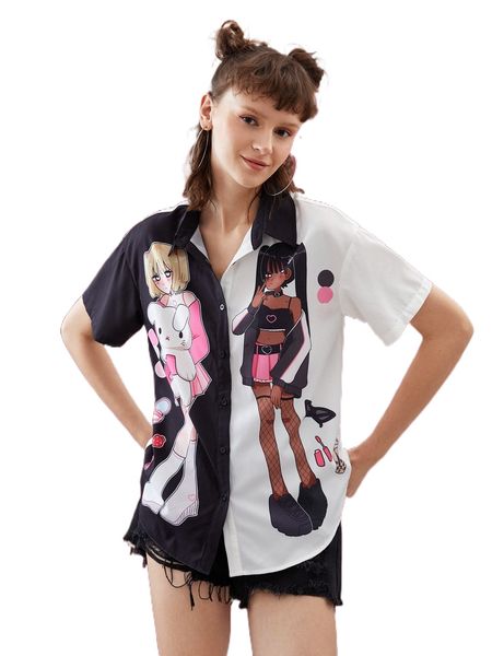 

x cherry cartoon graphic colorblock blouse 82aq#, White