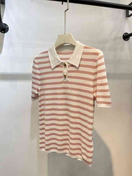 

designer clothing cd and summer new striped silk cotton blended collar casual loose short sleeve cool knitted top, White