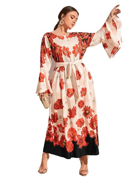 

plus floral print trumpet sleeve belted dress p3v0#, Black