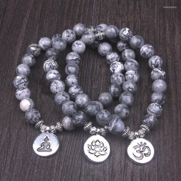 Charm Armbänder 1 stücke Natürlicher 8 mm grauer Kartenstein mit Lotus OM Buddha Armband Glücksmeditation Yoga für Männer FrauenCharm Inte22