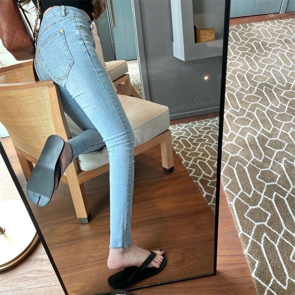 

europe 2022 new jeans for women slimmer embroidery pants for women fake holes in pencil pants tide, Blue