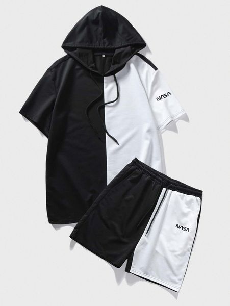 

men colorblock letter graphic hooded tee & shorts w4qx#, Gray